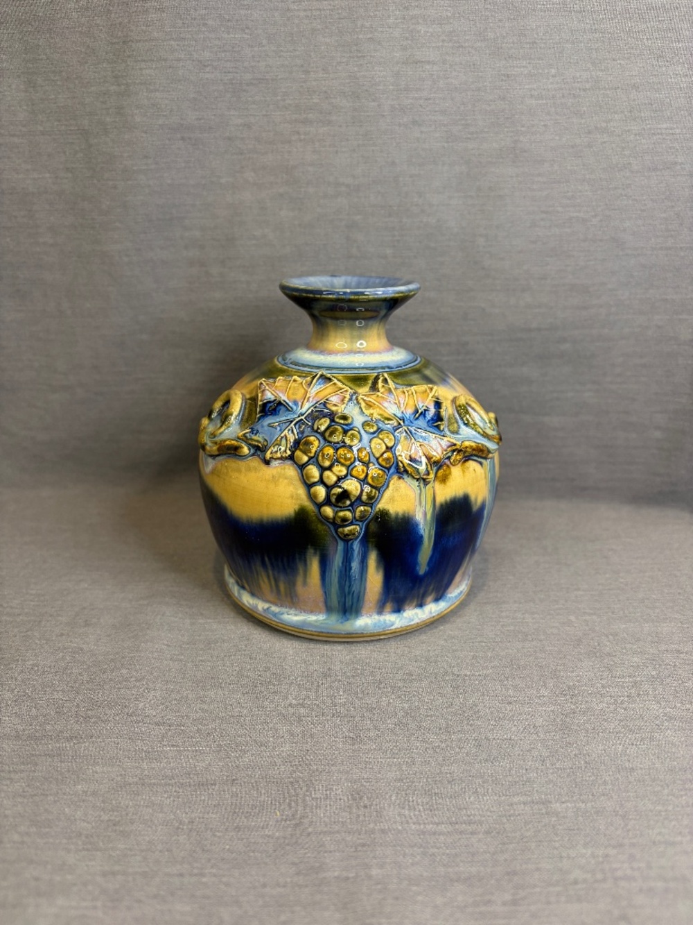 Greg Olson Signed Pottery Bud Vase Grape Vine Blue Drip Glaze 4" California
